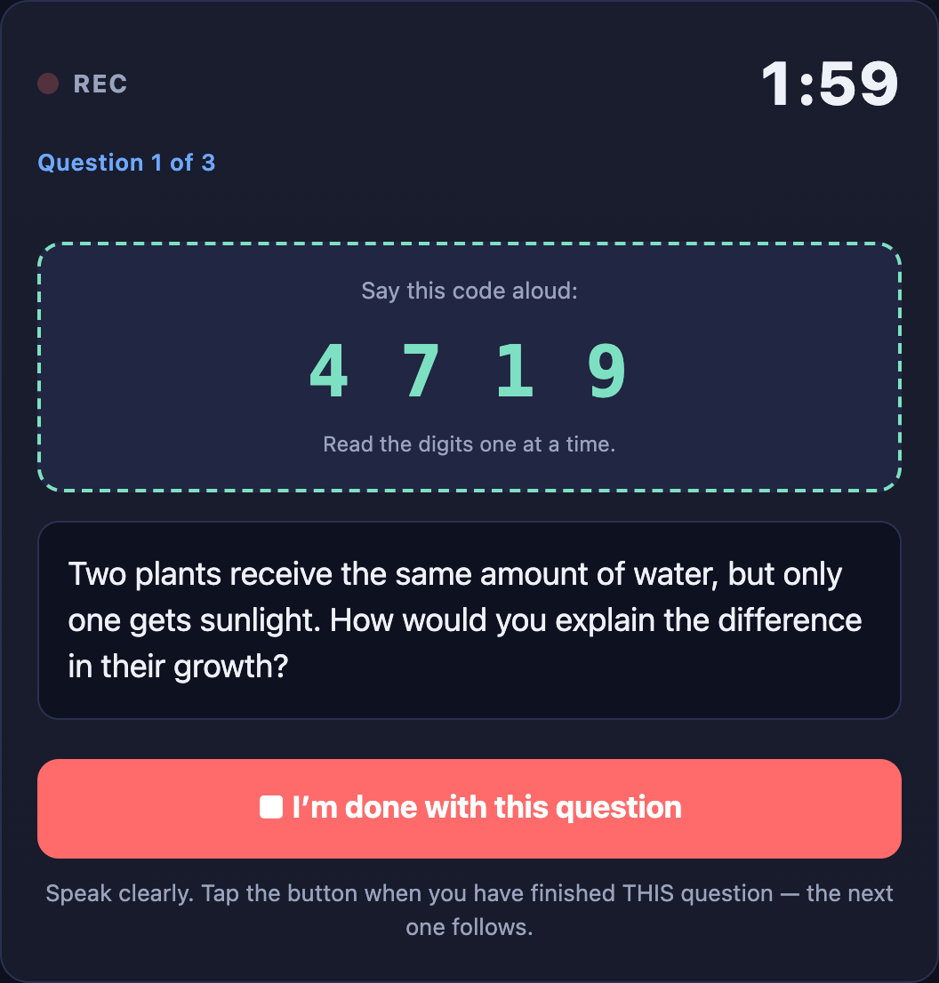 OralScale question card with a countdown, an example question about plant growth, and the I'm done with this question button.