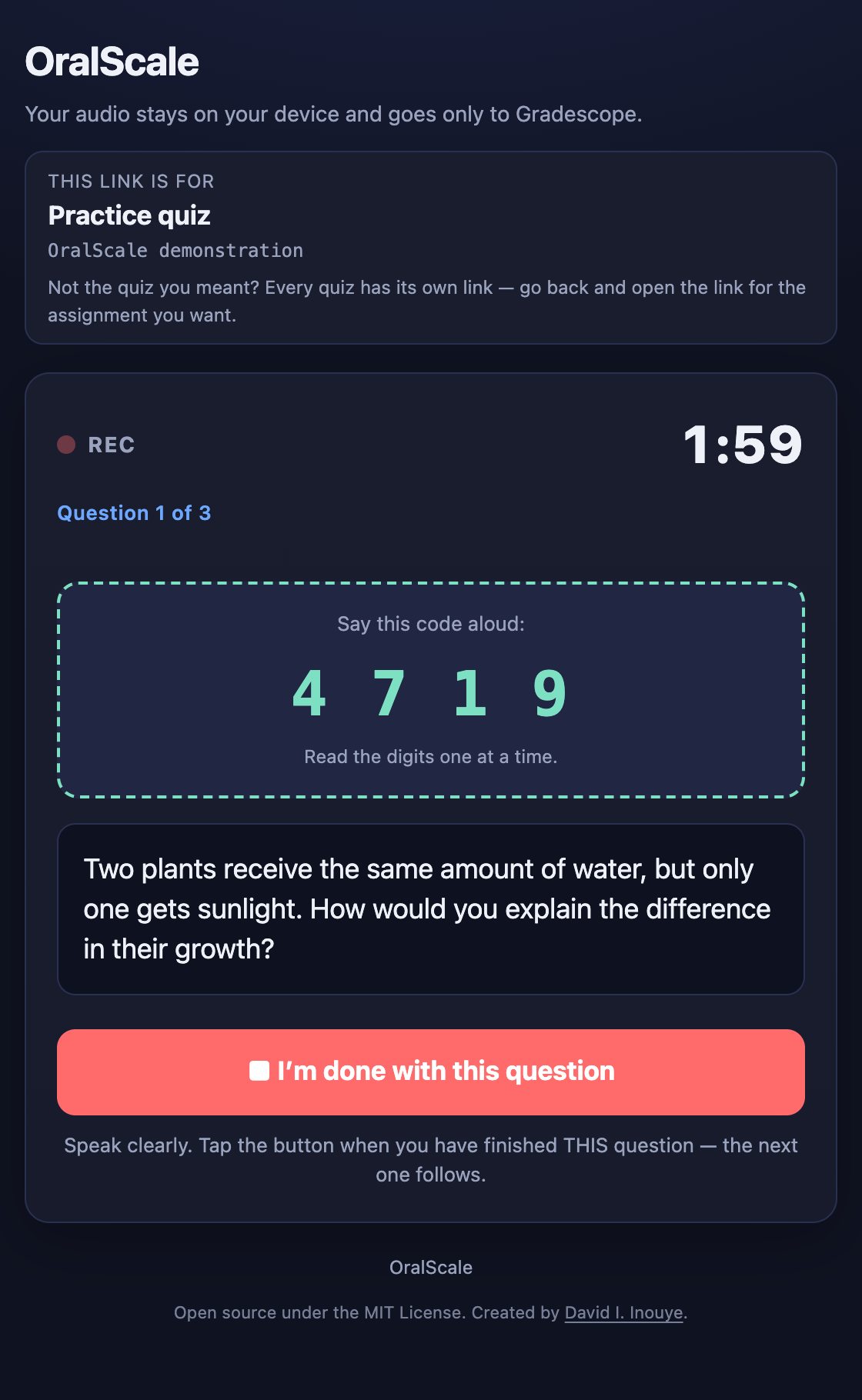 OralScale practice quiz showing the course label, a code to read aloud, a timer, and an example question about plants.