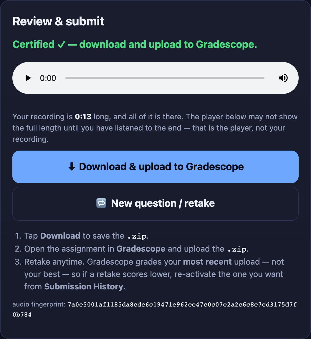 OralScale Review and submit card with a download button and instructions to upload the zip to Gradescope.