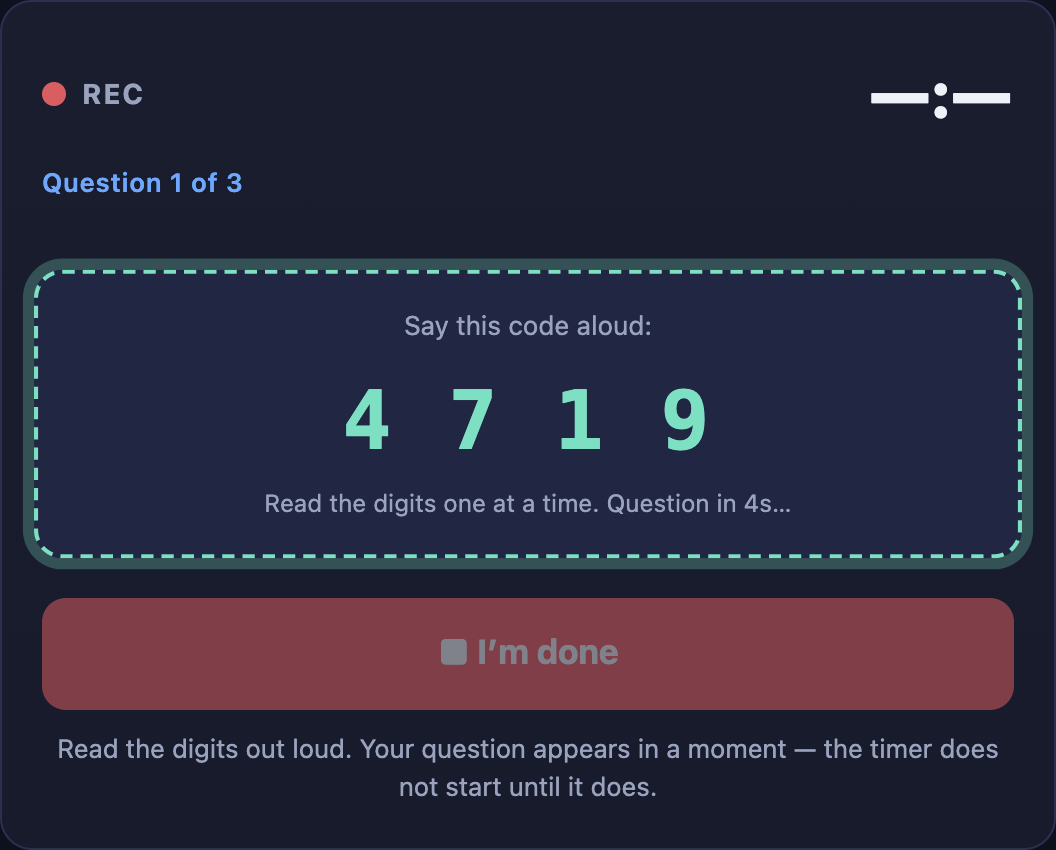 OralScale recording card showing code 4 7 1 9 and instructions to read each digit aloud.